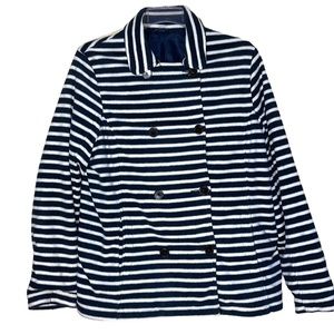 Lands End Navy White Striped Double Breasted Fleece Jacket